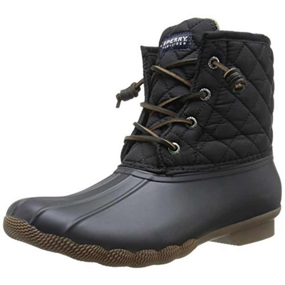 Sperry Womens Saltwater Quilt Nylon Black Waterproof Ankle Boots Shoes NWOB